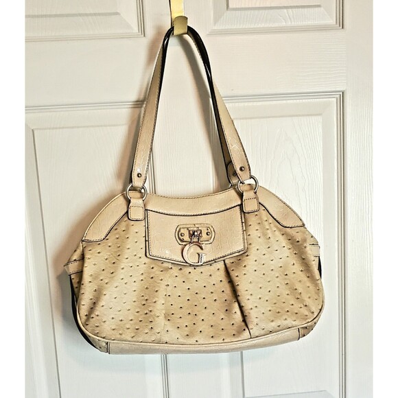 Guess Tamora Creme Satchel Purse pebble Texture Handbag With Hanging G Logo - Picture 1 of 11